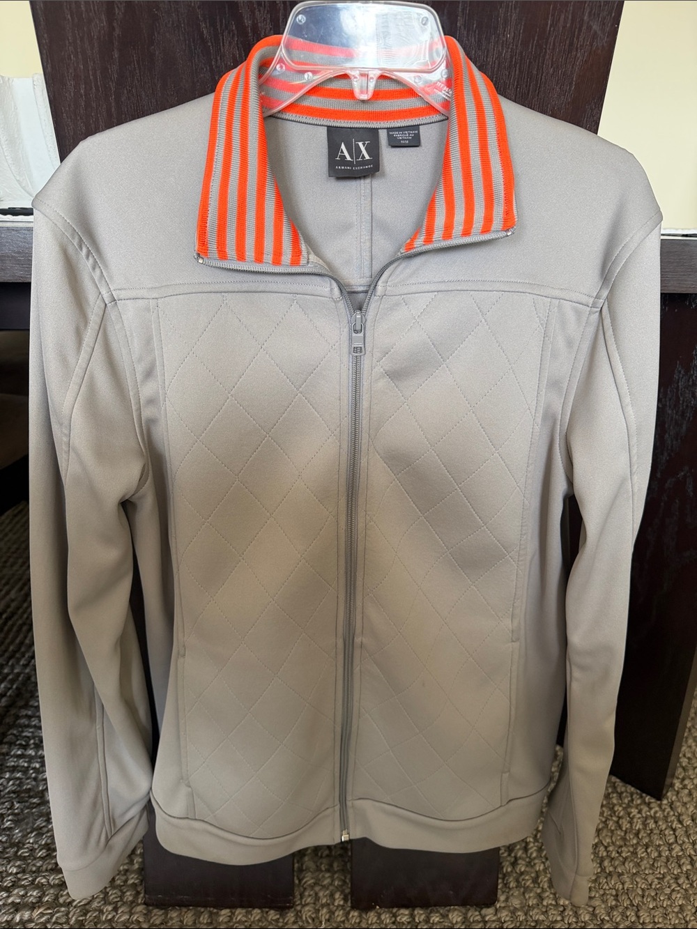 A/X Armani Exchange Light Gray Bomber Jacket with Orange Striped Collar